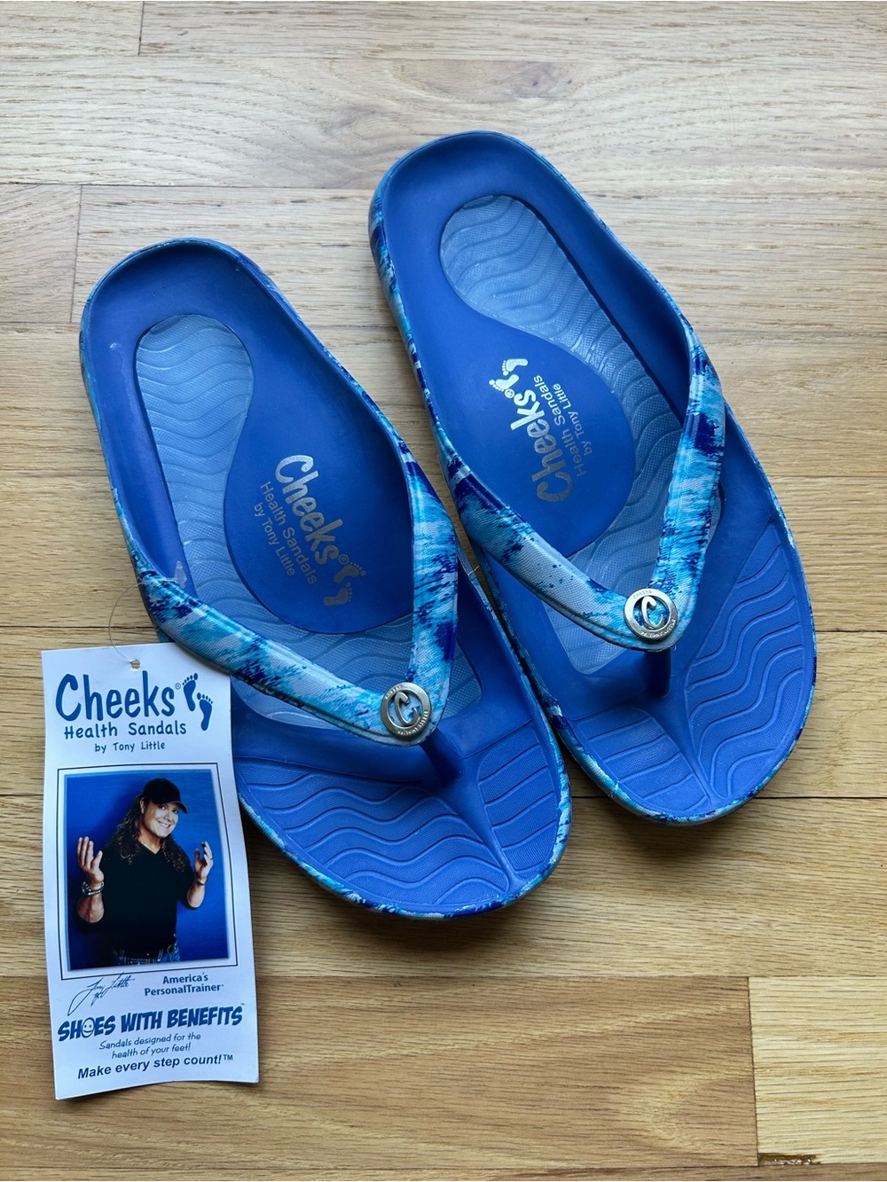 Tony Little CHEEKS Medallion Health Sandals One Piece Foot Technology Blue Sz 7